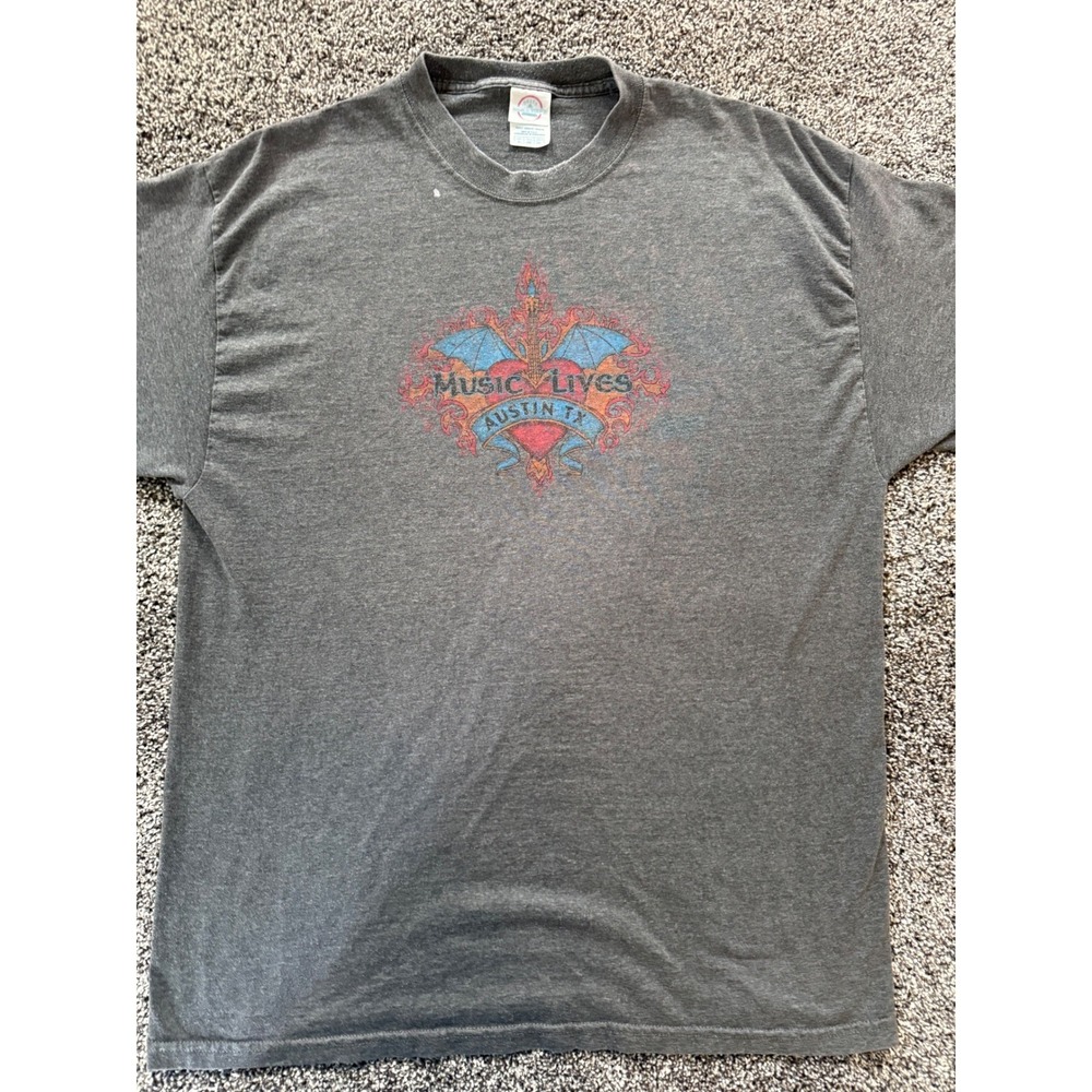 Vintage Delta Music Lives Austin TX T-Shirt Mens XL Gray Short Sleeve Graphic T